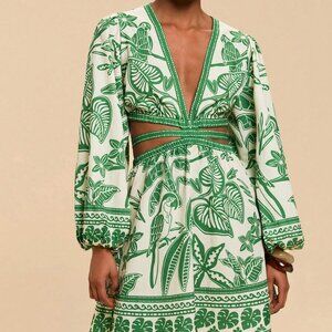 Green Boho Women's Woven Cutout Back V-Neck Long Sleeve Mini Dress